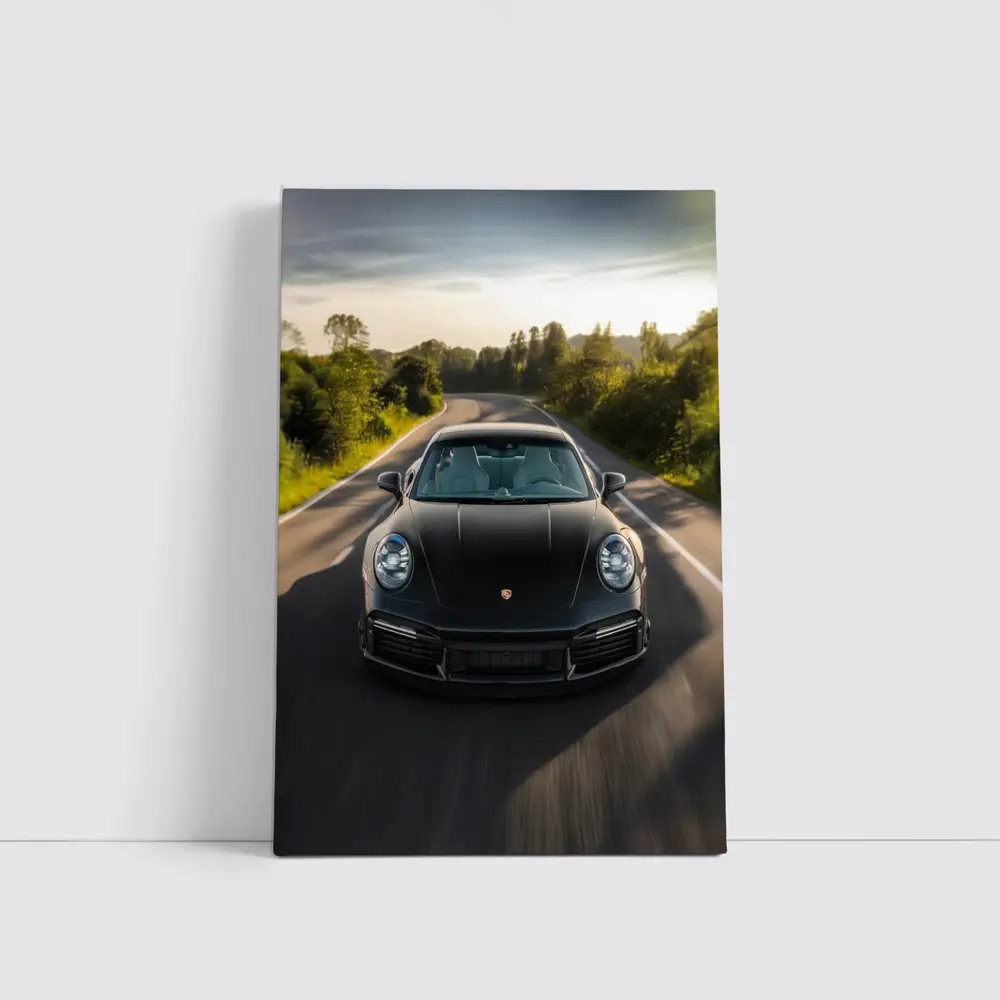 Black Porsche 911 Driving Open Road – Wall Art