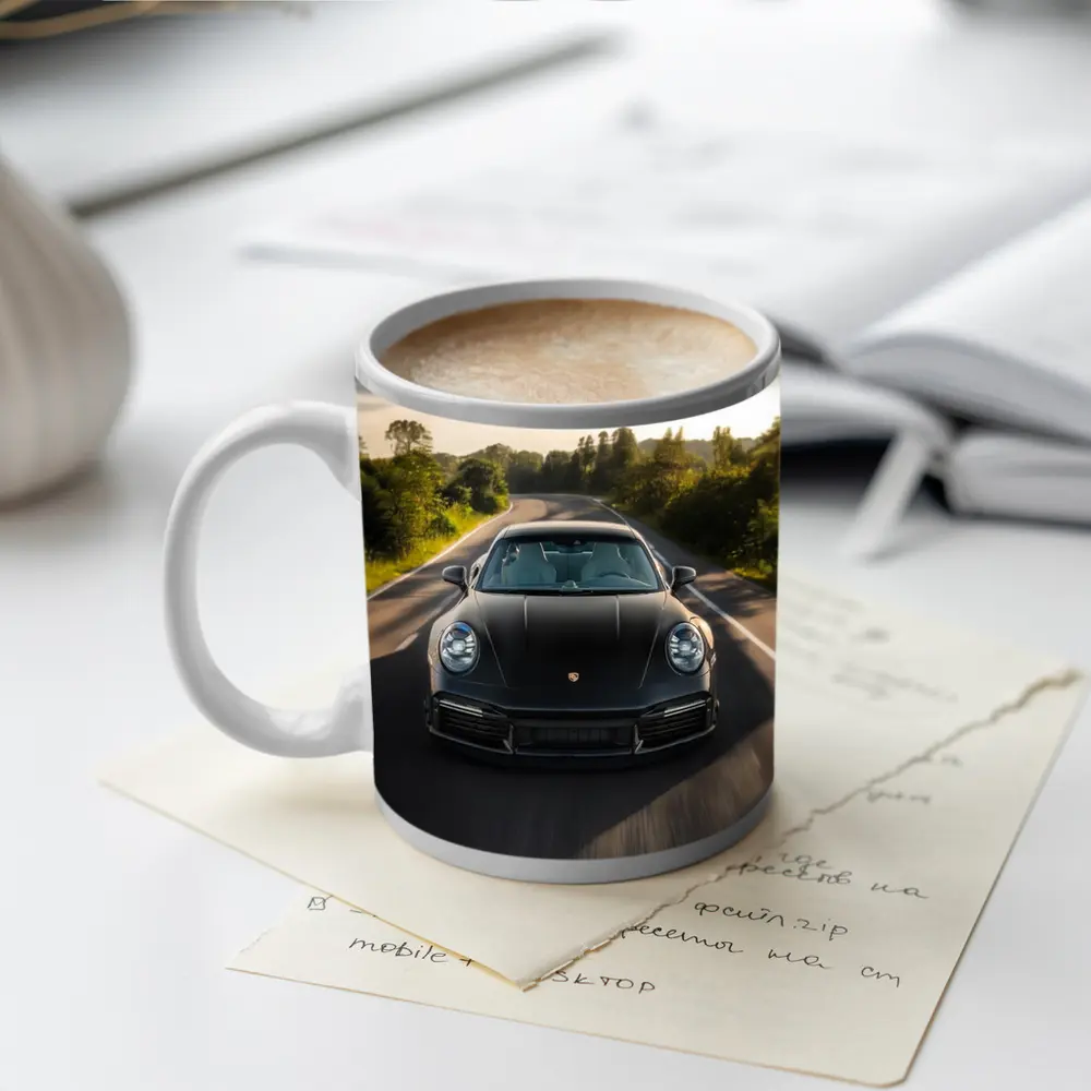 Black Porsche 911 Driving Open Road – Mugs