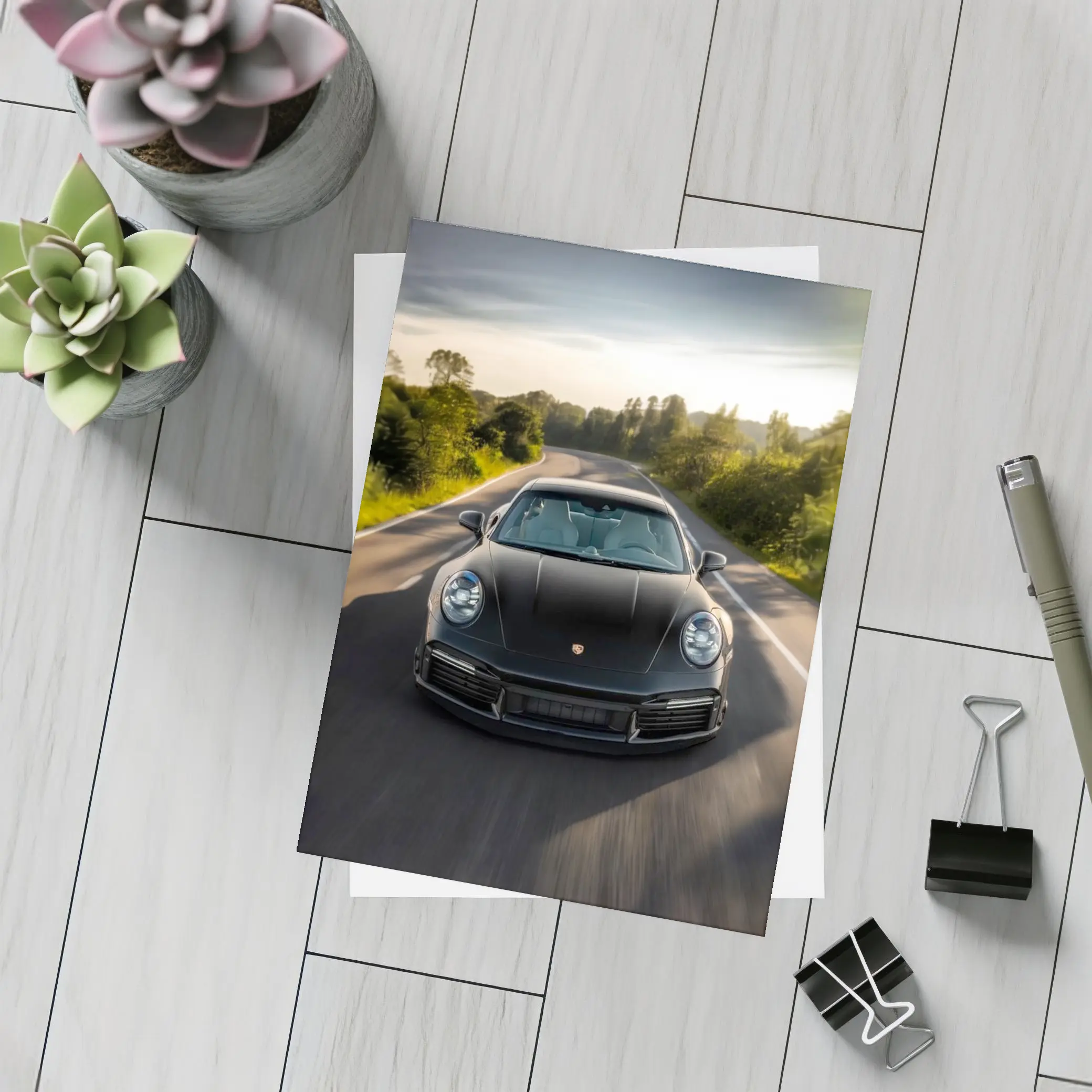 Black Porsche 911 Driving Open Road – Postcards