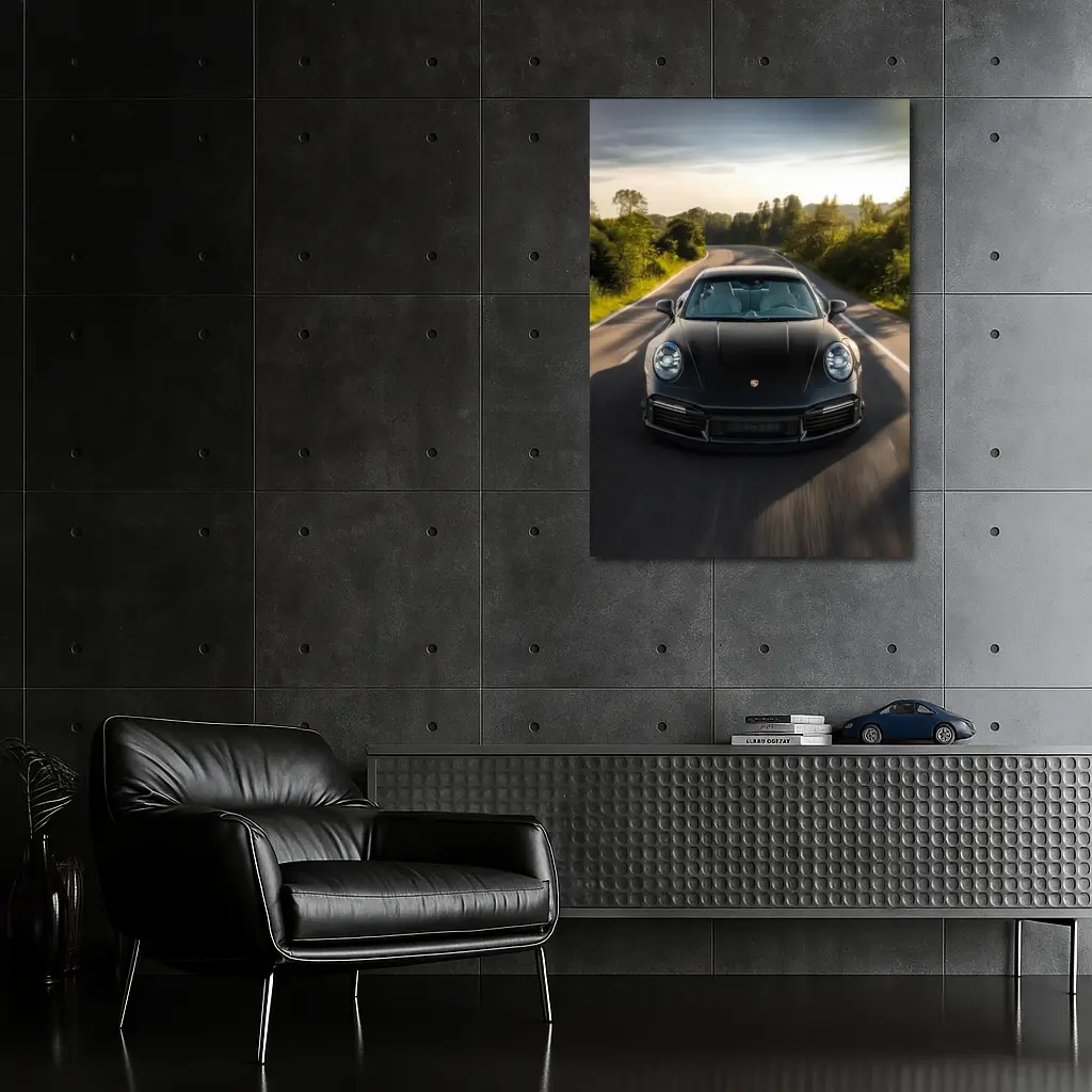 Black Porsche 911 Driving Open Road – Wall Art