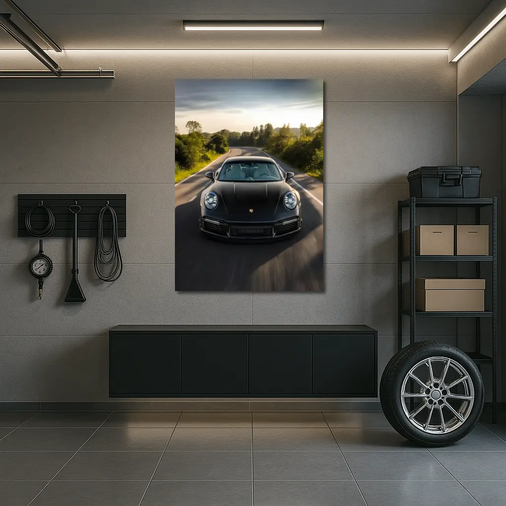 Black Porsche 911 Driving Open Road – Wall Art