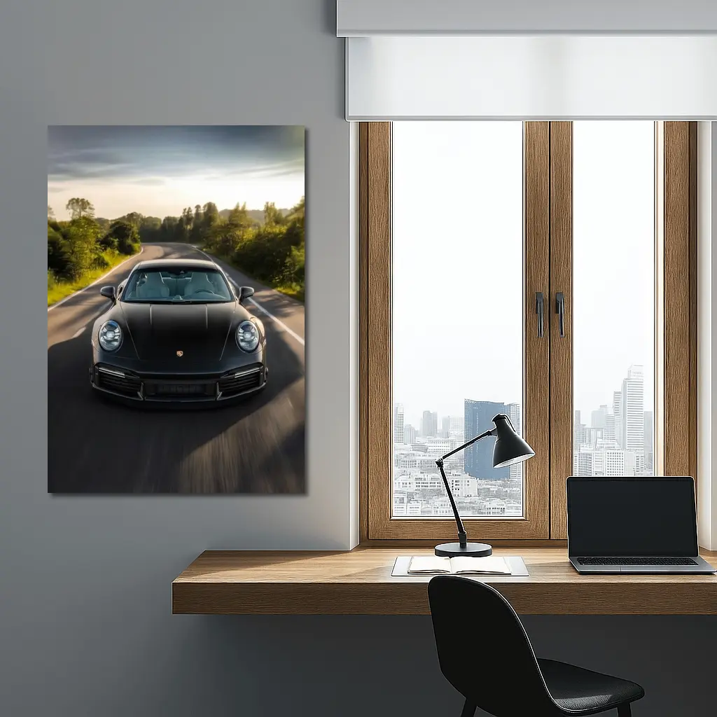 Black Porsche 911 Driving Open Road – Wall Art