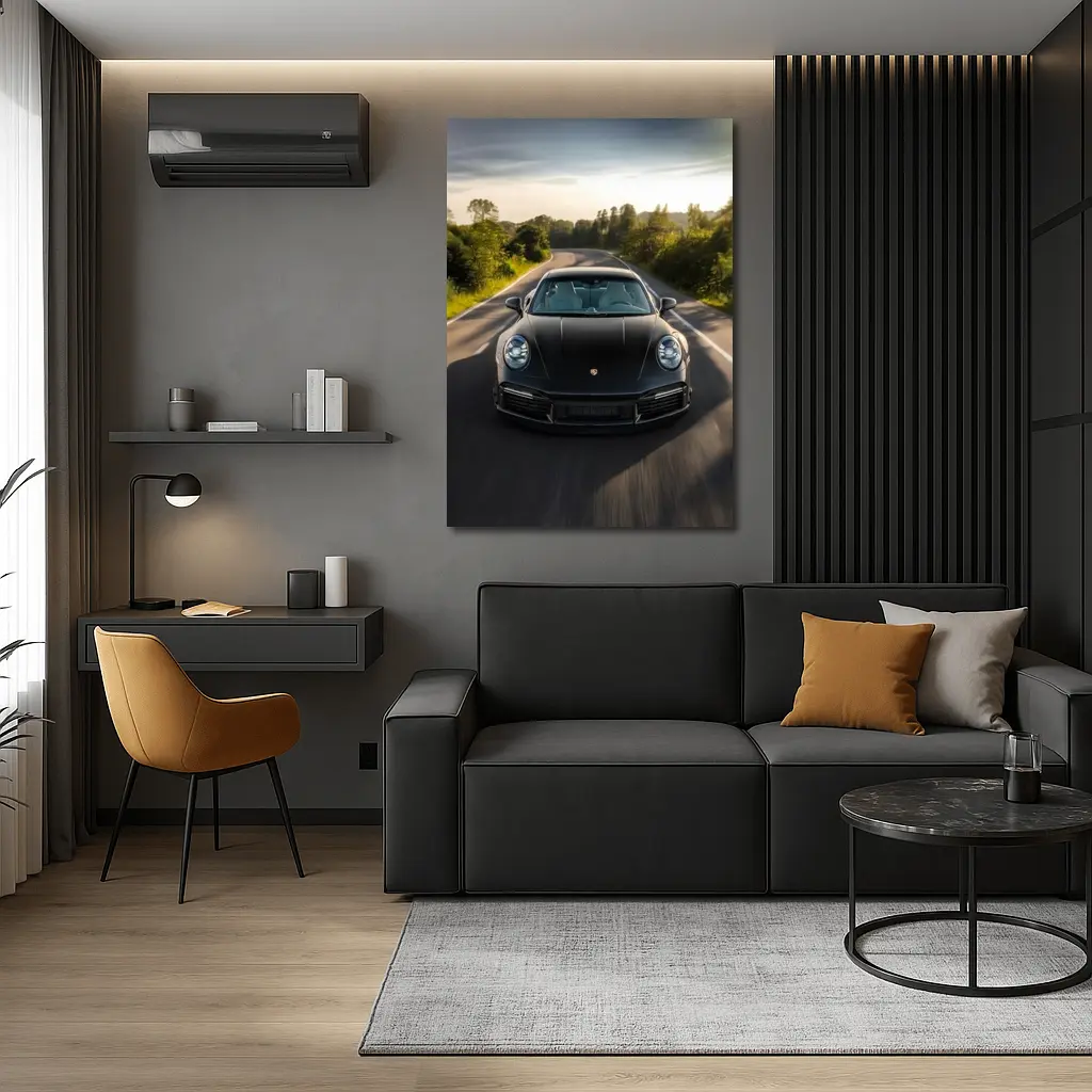 Black Porsche 911 Driving Open Road – Wall Art