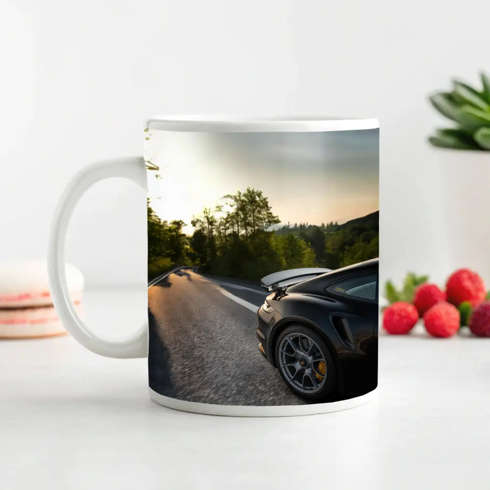Porsche 911 Black Driving Winding Forest Road – Mugs