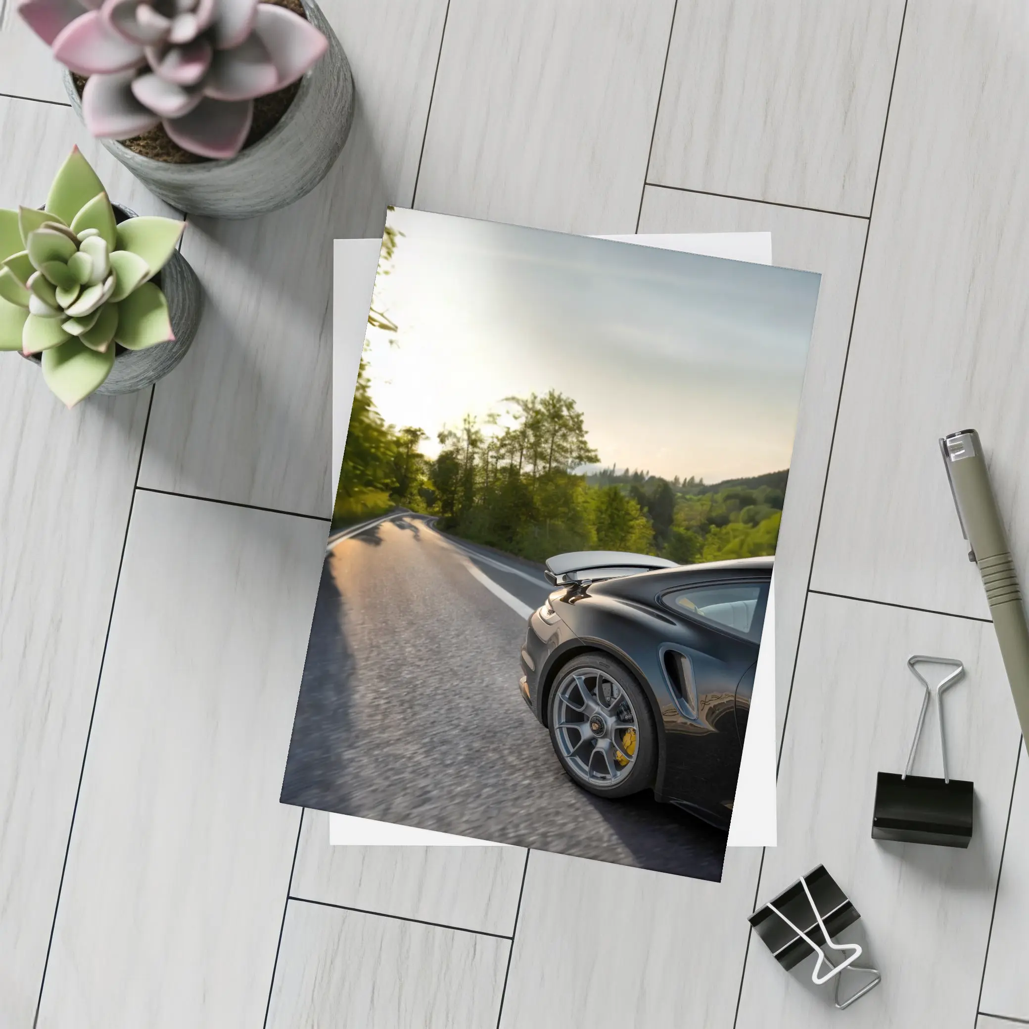 Porsche 911 Black Driving Winding Forest Road – Postcards