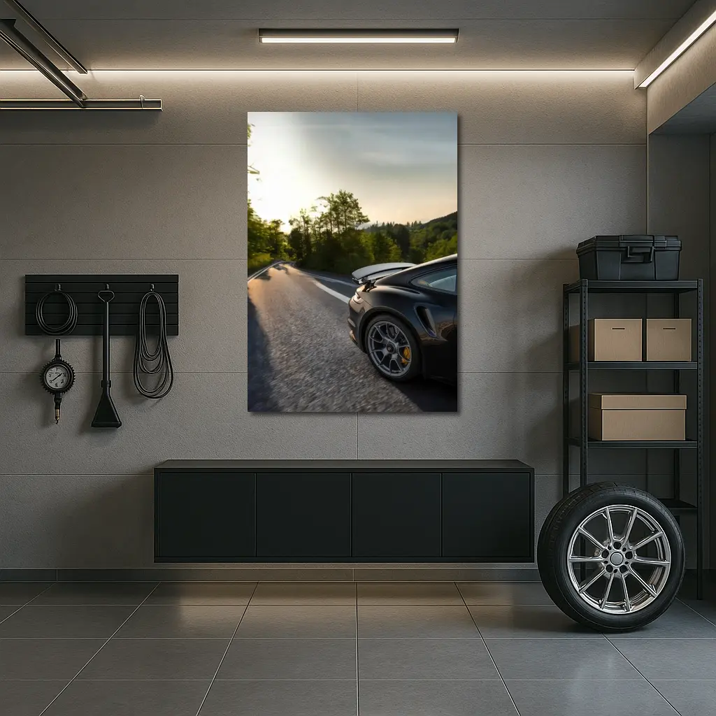 Porsche 911 Black Driving Winding Forest Road – Wall Art