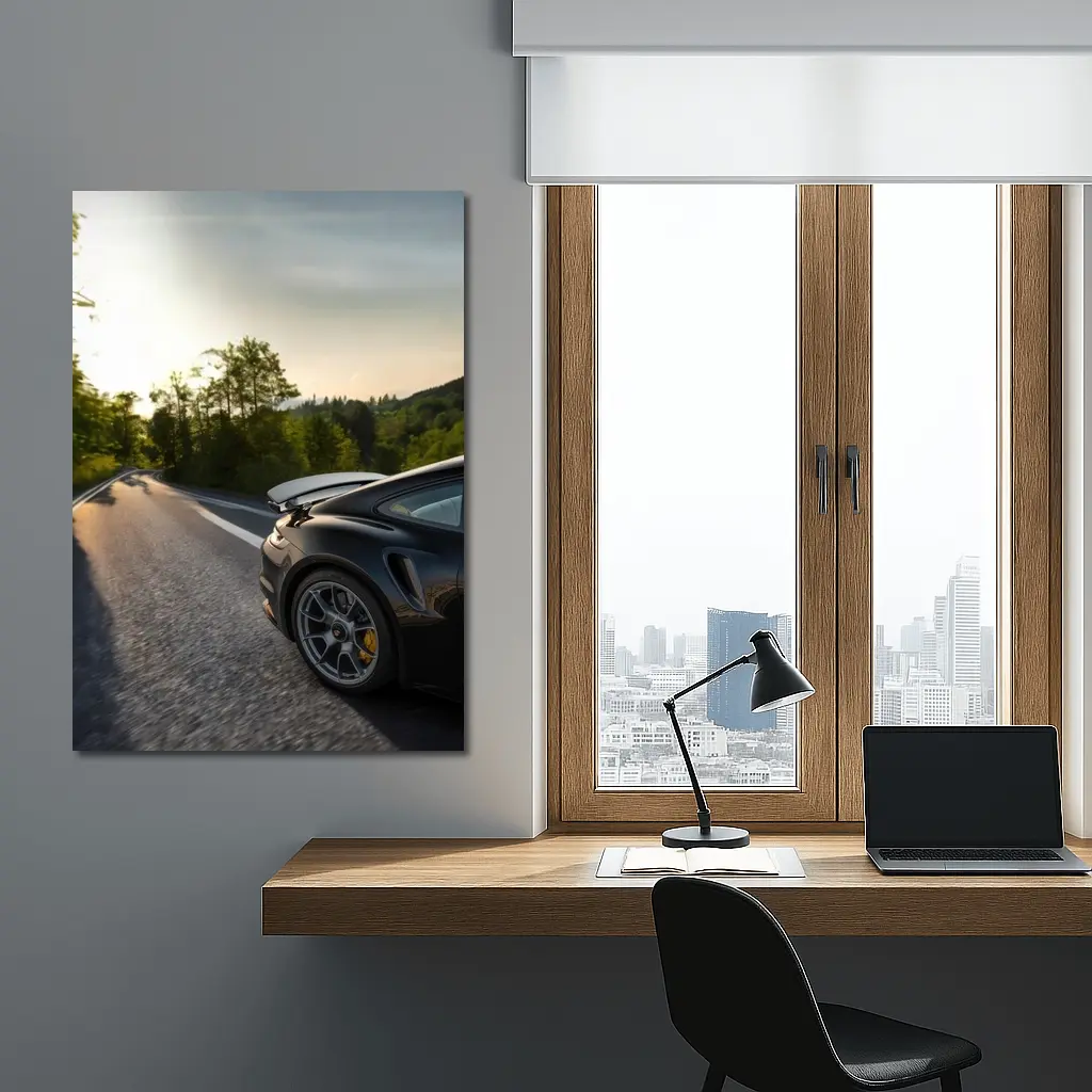 Porsche 911 Black Driving Winding Forest Road – Wall Art