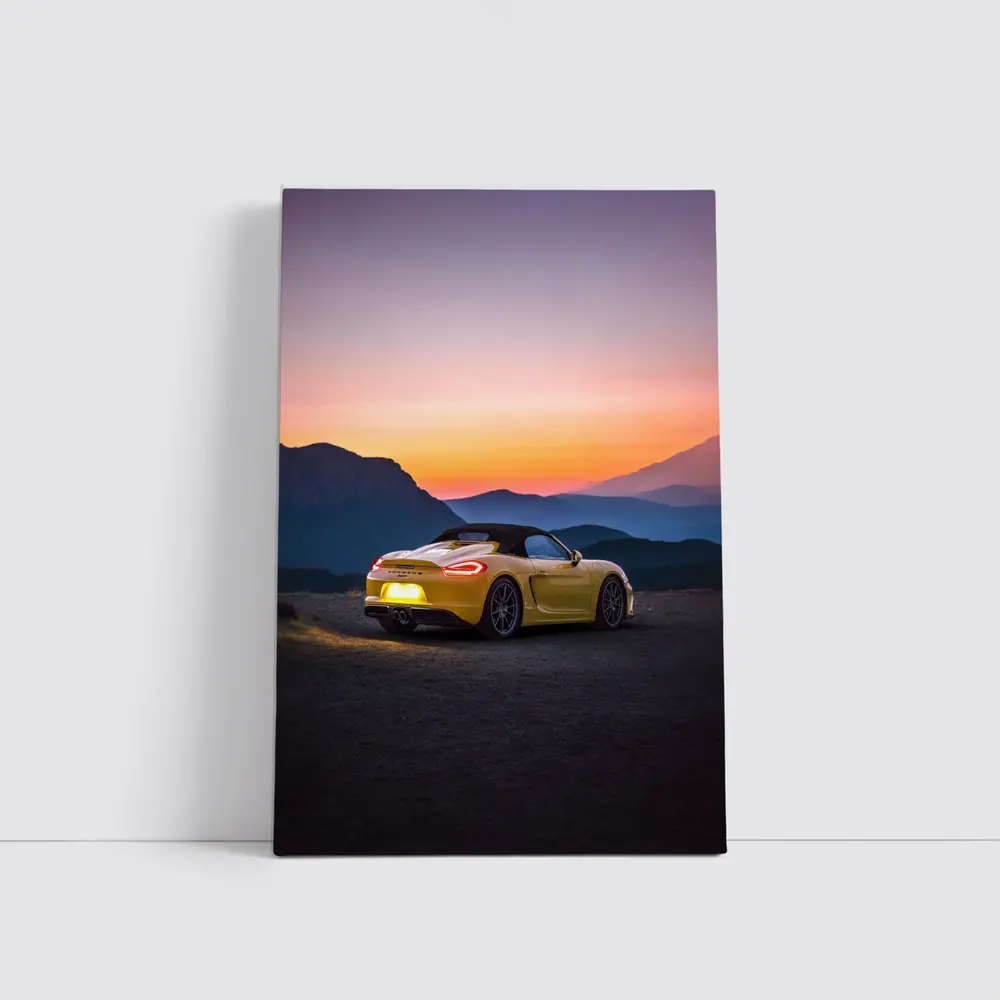 Porsche Boxster Yellow Rear Sunset Mountains – Wall Art