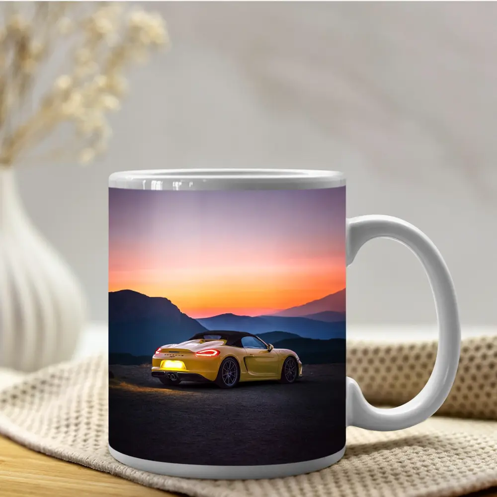 Porsche Boxster Yellow Rear Sunset Mountains – Mugs