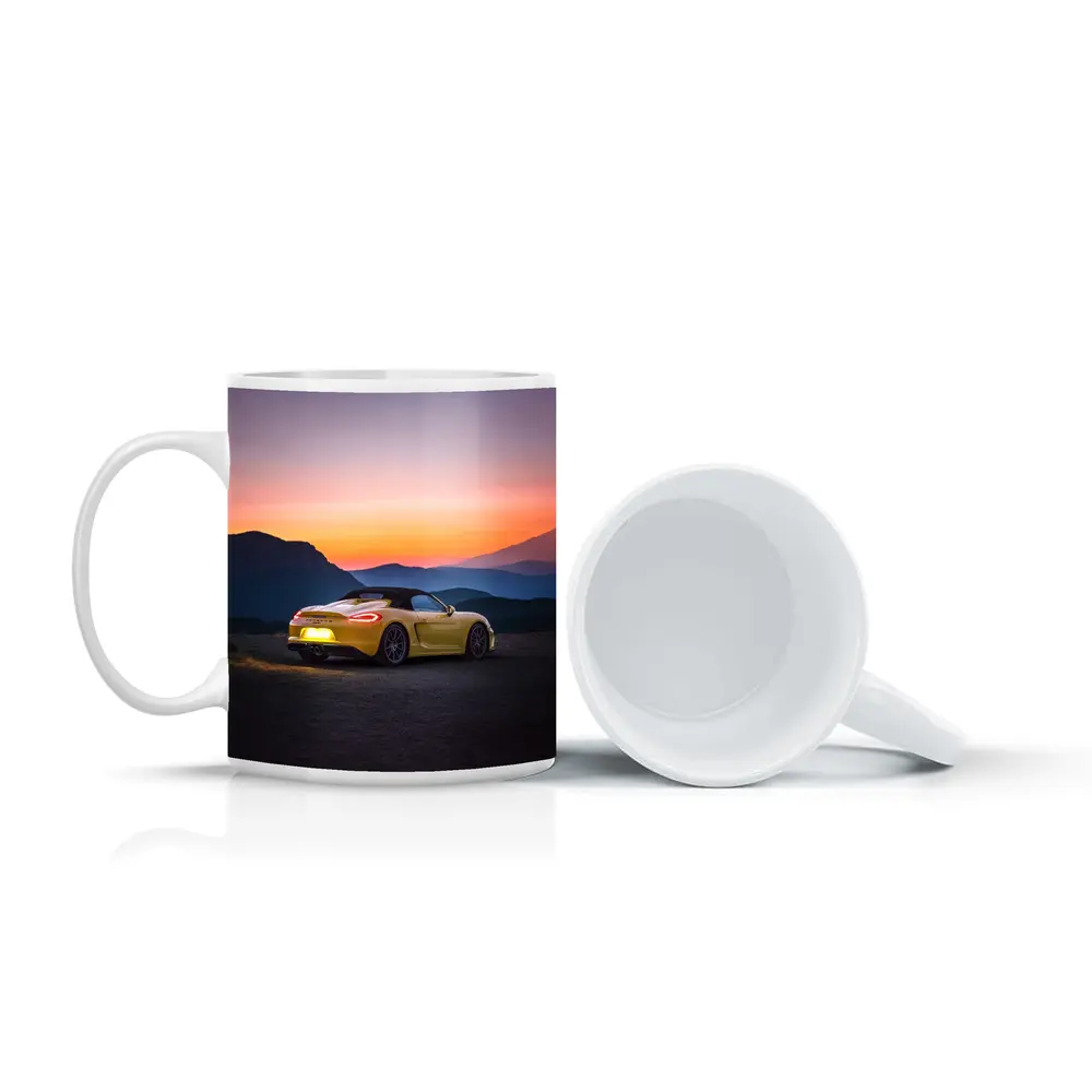 Porsche Boxster Yellow Rear Sunset Mountains – Mugs