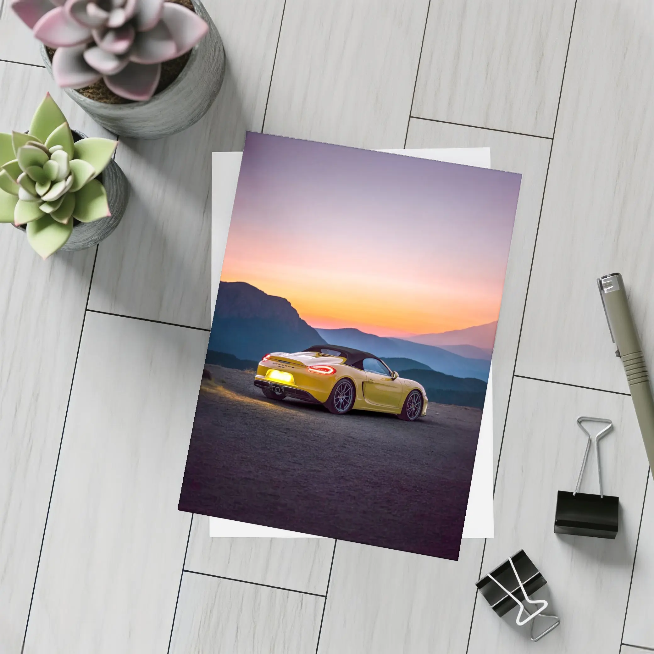 Porsche Boxster Yellow Rear Sunset Mountains – Postcards