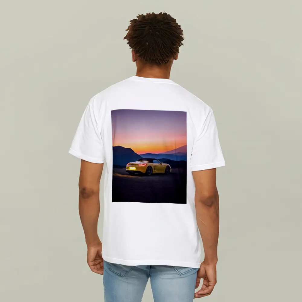 Porsche Boxster Yellow Rear Sunset Mountains – T-Shirts