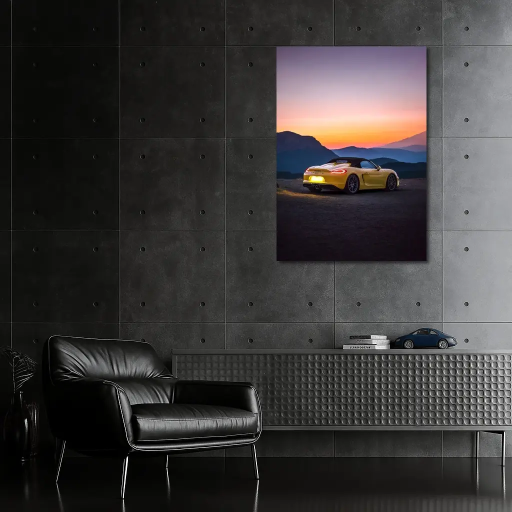Porsche Boxster Yellow Rear Sunset Mountains – Wall Art