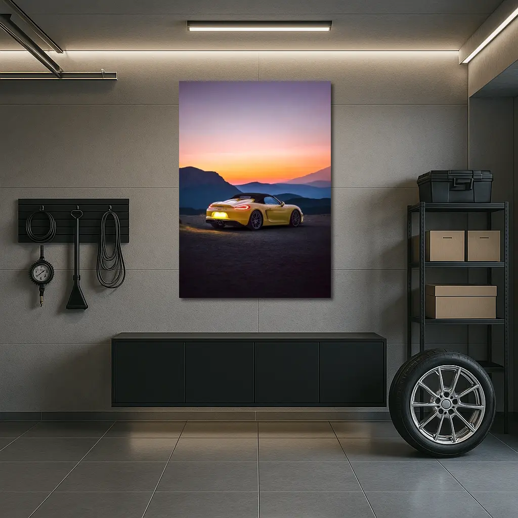 Porsche Boxster Yellow Rear Sunset Mountains – Wall Art