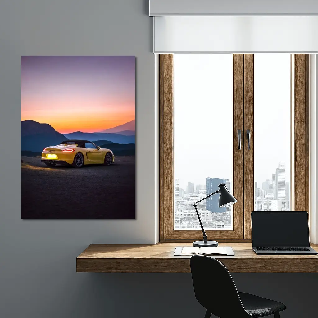 Porsche Boxster Yellow Rear Sunset Mountains – Wall Art