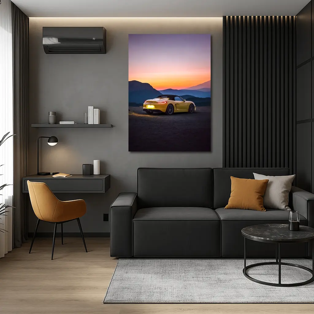 Porsche Boxster Yellow Rear Sunset Mountains – Wall Art