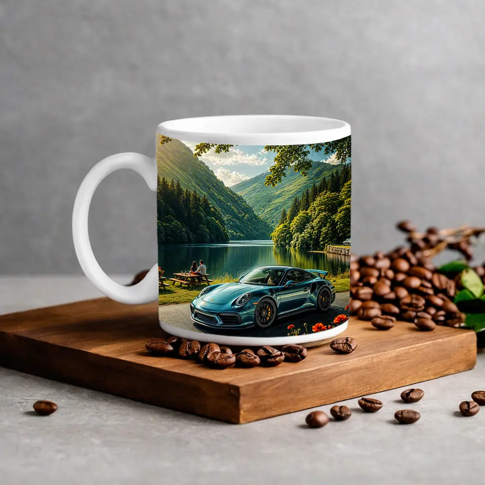 Porsche 911 Turbo S Mountain Lake Scene – Mugs