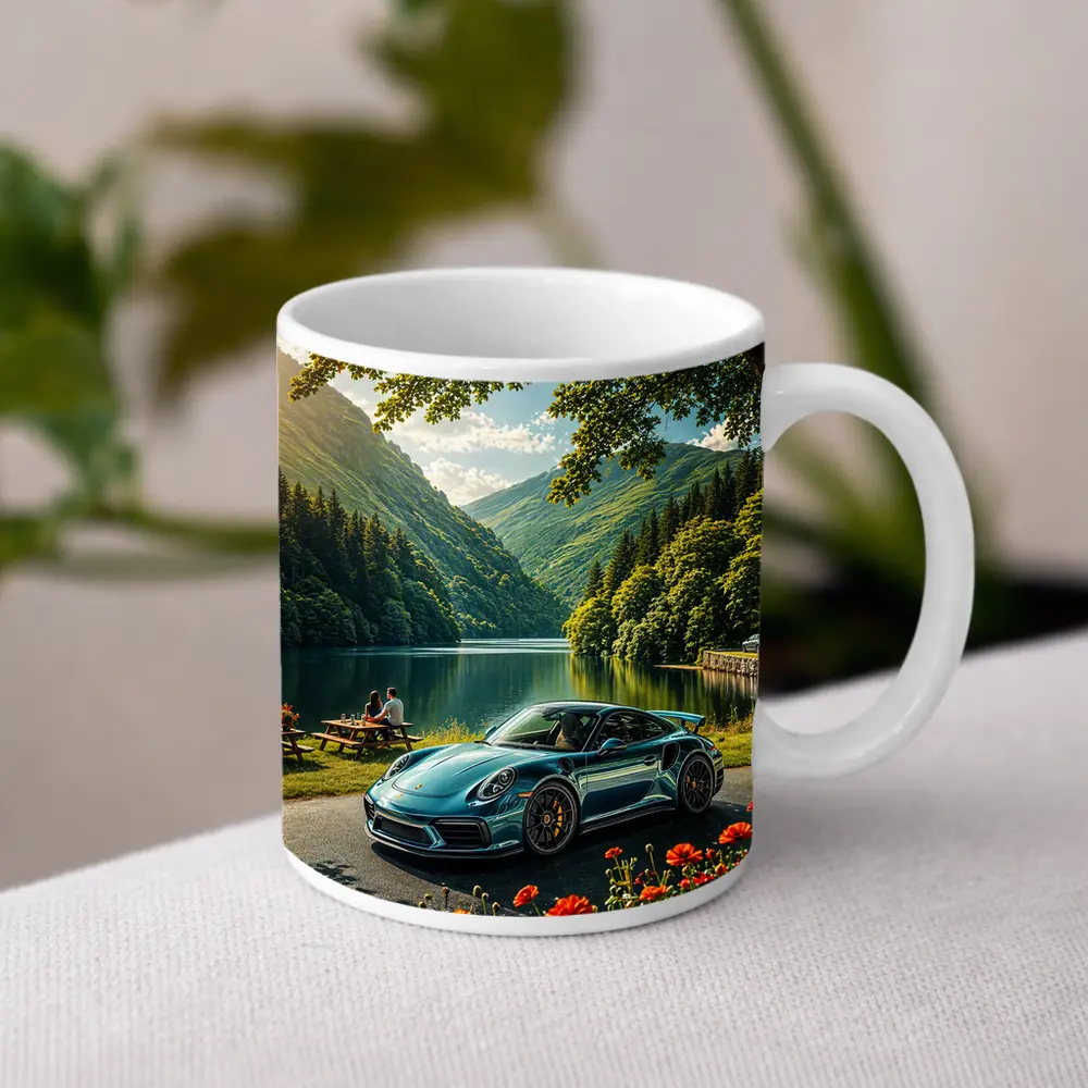 Porsche 911 Turbo S Mountain Lake Scene – Mugs