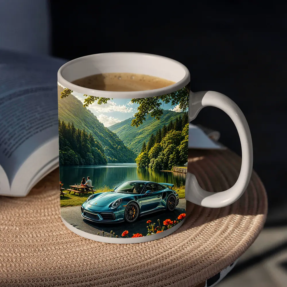 Porsche 911 Turbo S Mountain Lake Scene – Mugs