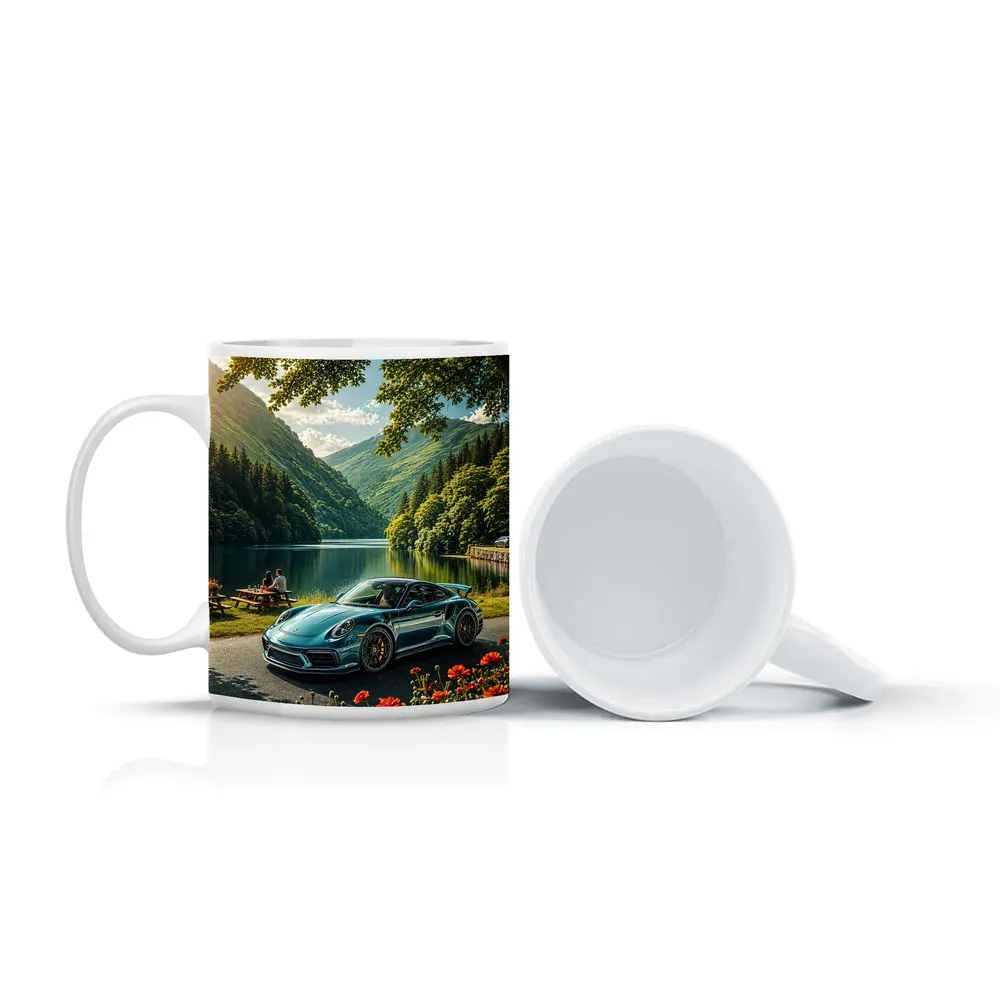 Porsche 911 Turbo S Mountain Lake Scene – Mugs