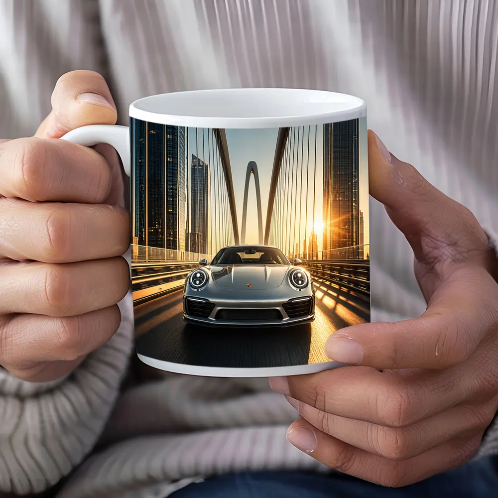 Porsche 911 Silver On City Bridge Sunset – Mugs