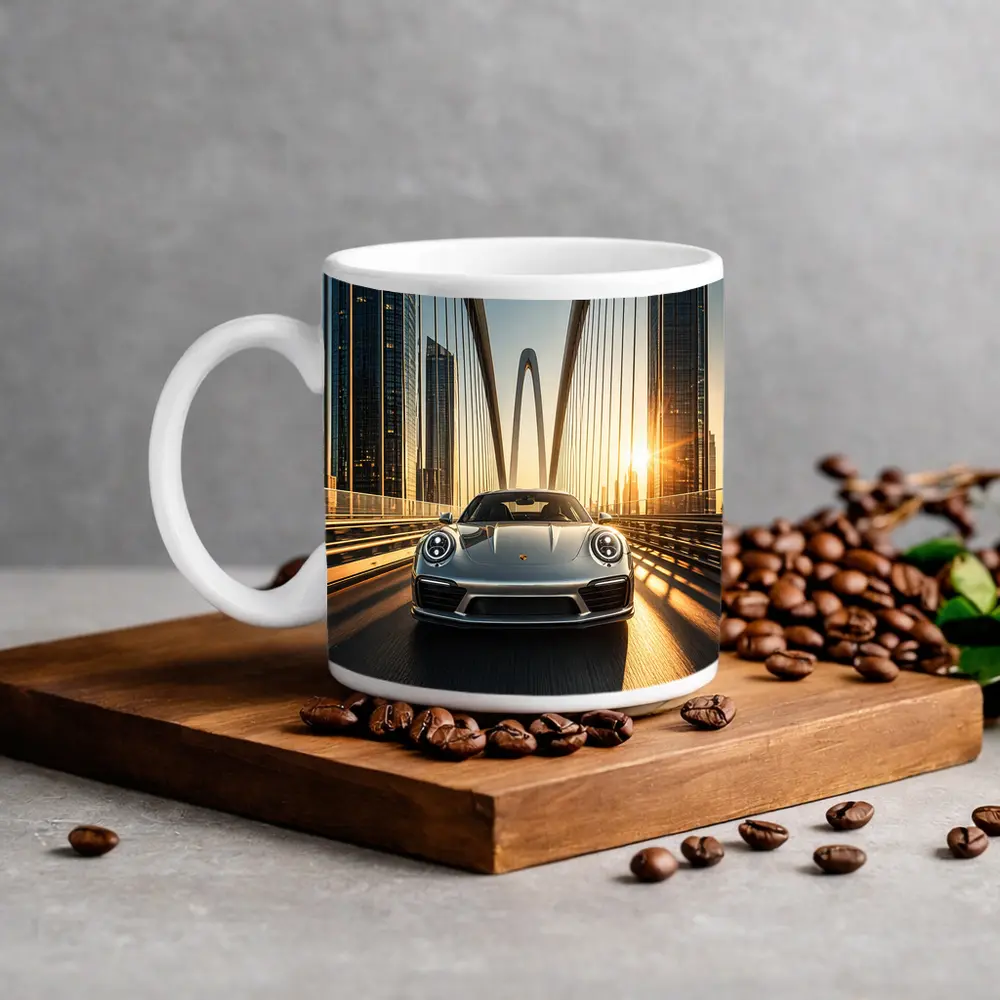 Porsche 911 Silver On City Bridge Sunset – Mugs