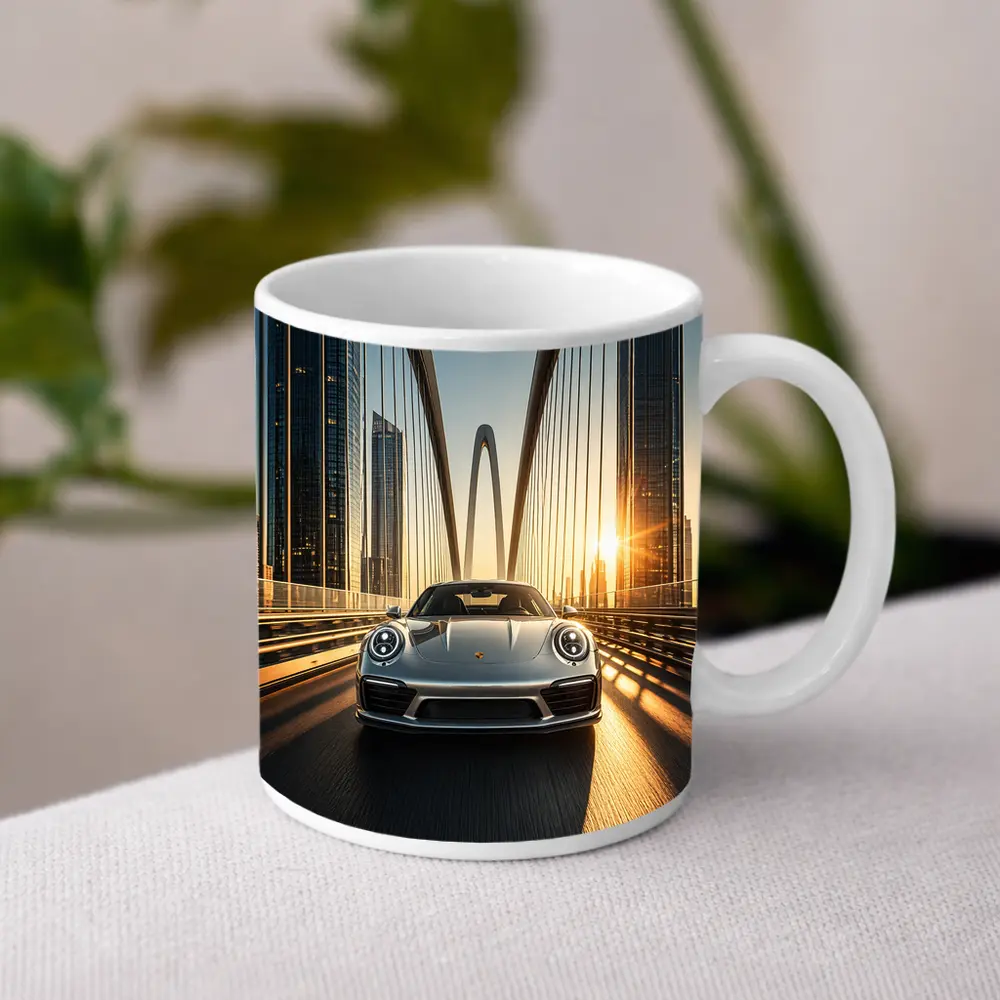 Porsche 911 Silver On City Bridge Sunset – Mugs