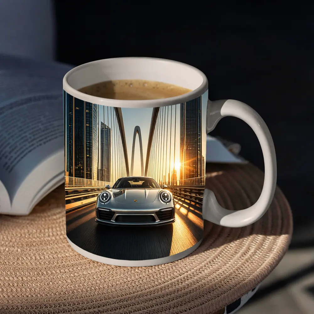 Porsche 911 Silver On City Bridge Sunset – Mugs