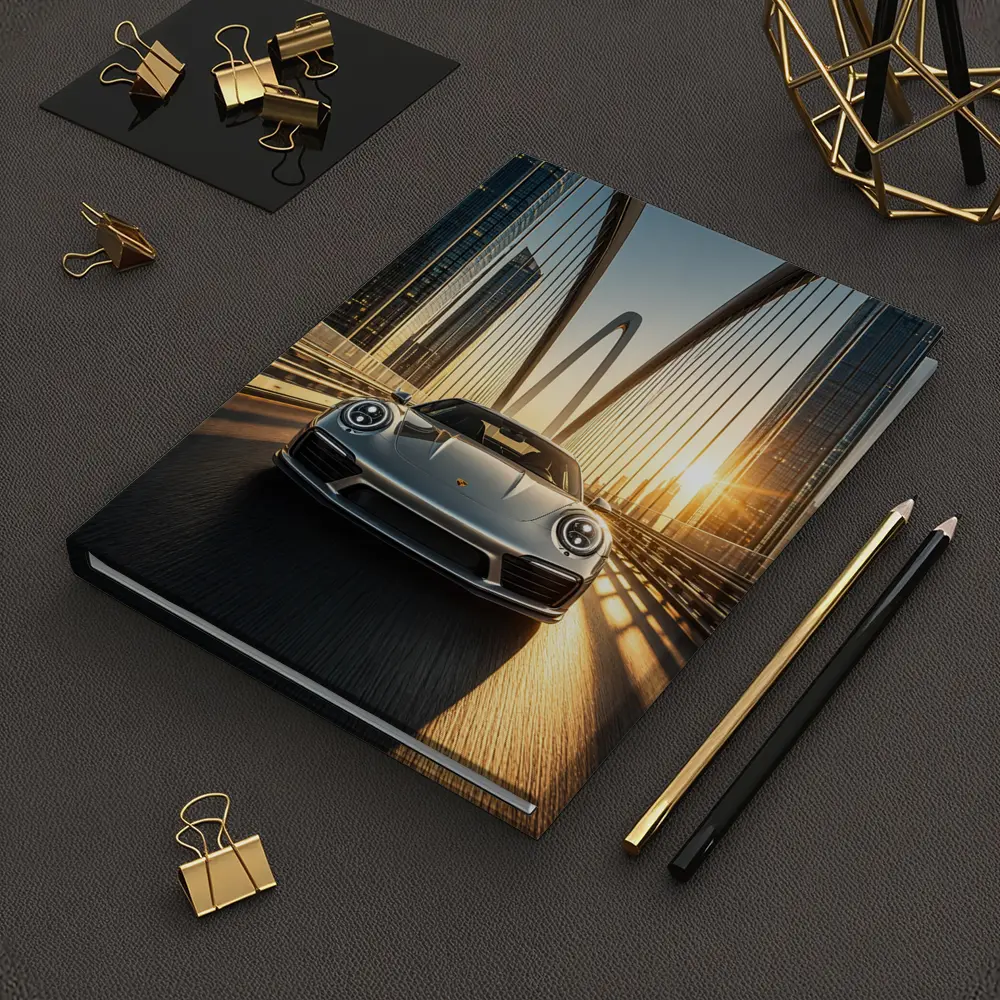 Porsche 911 Silver On City Bridge Sunset – Notebooks
