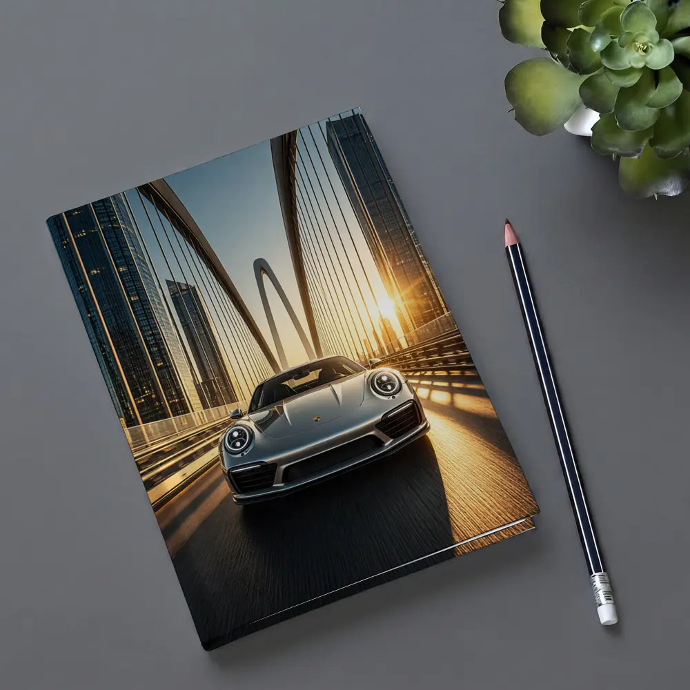 Porsche 911 Silver On City Bridge Sunset – Notebooks