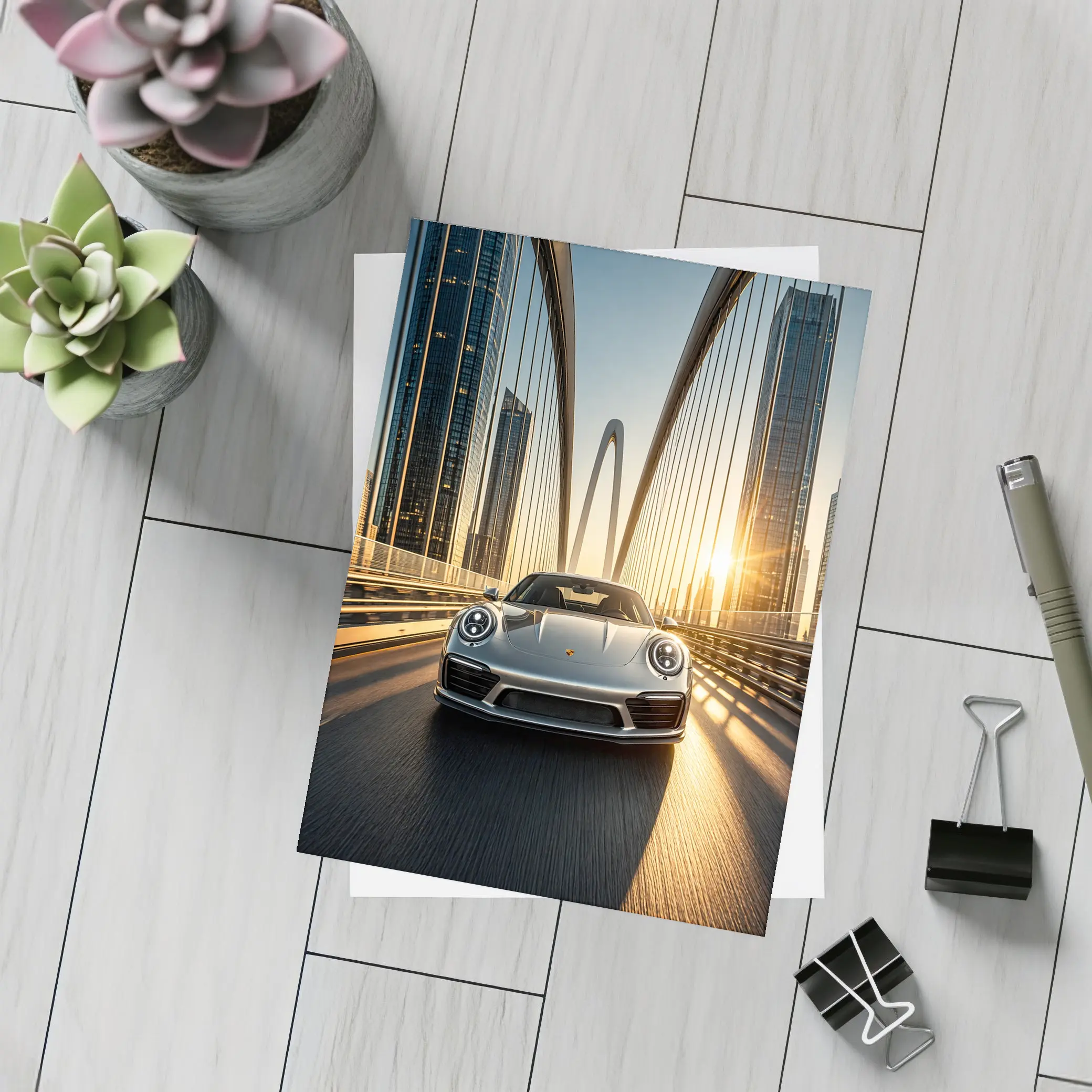 Porsche 911 Silver On City Bridge Sunset – Postcards
