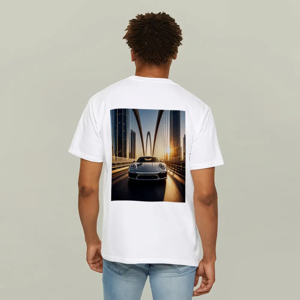 Porsche 911 Silver On City Bridge Sunset – T-Shirts