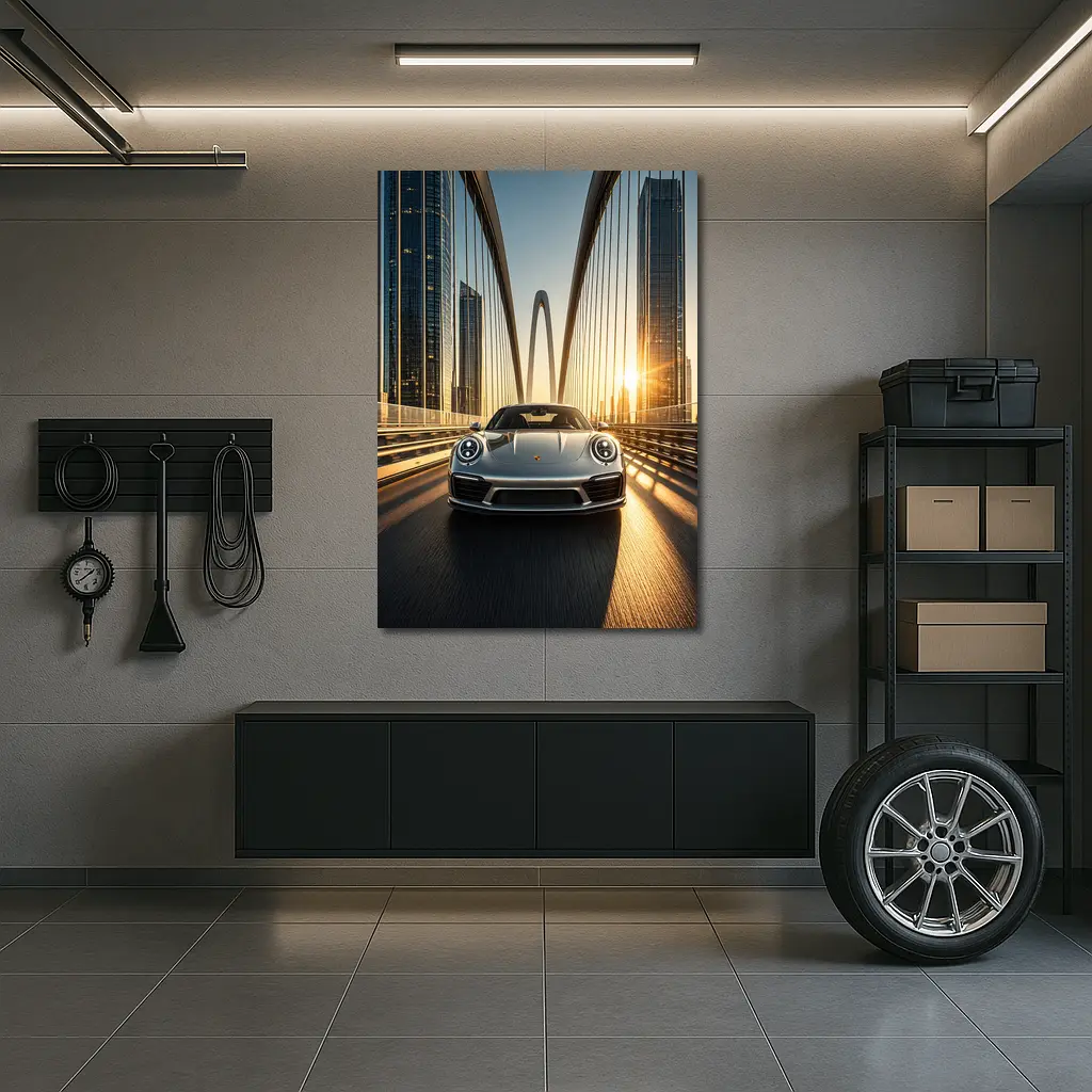 Porsche 911 Silver On City Bridge Sunset – Wall Art
