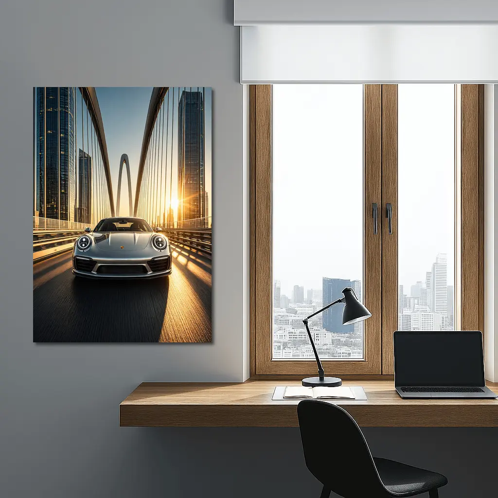 Porsche 911 Silver On City Bridge Sunset – Wall Art