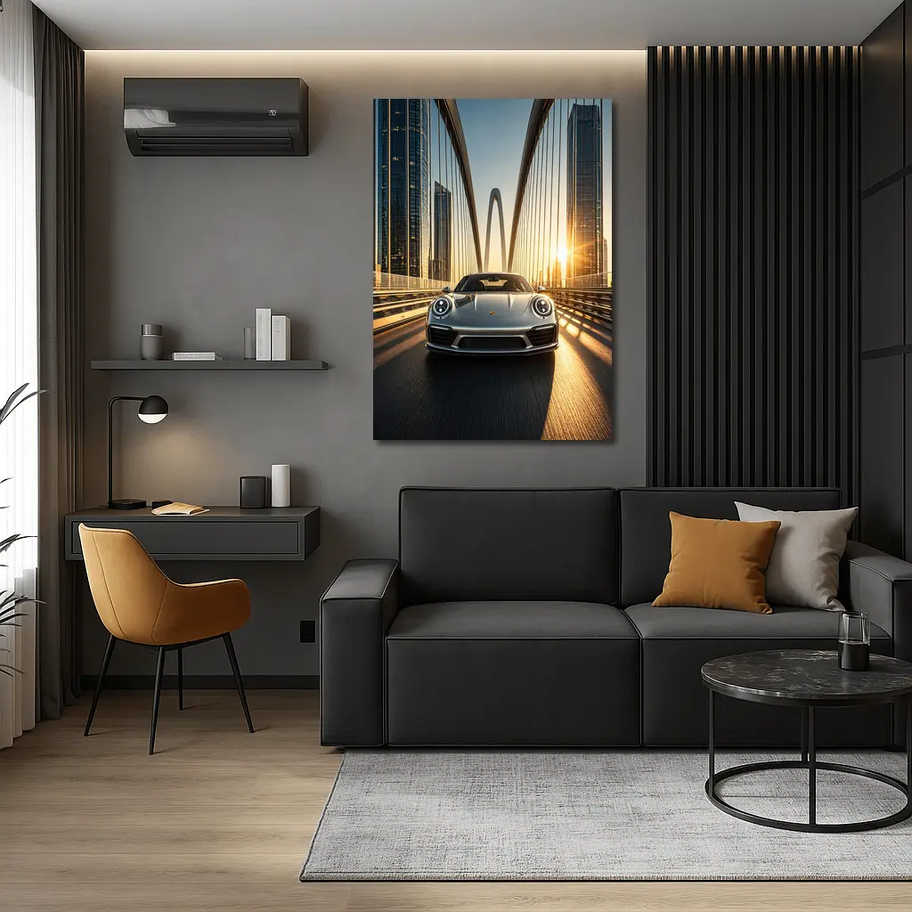 Porsche 911 Silver On City Bridge Sunset – Wall Art