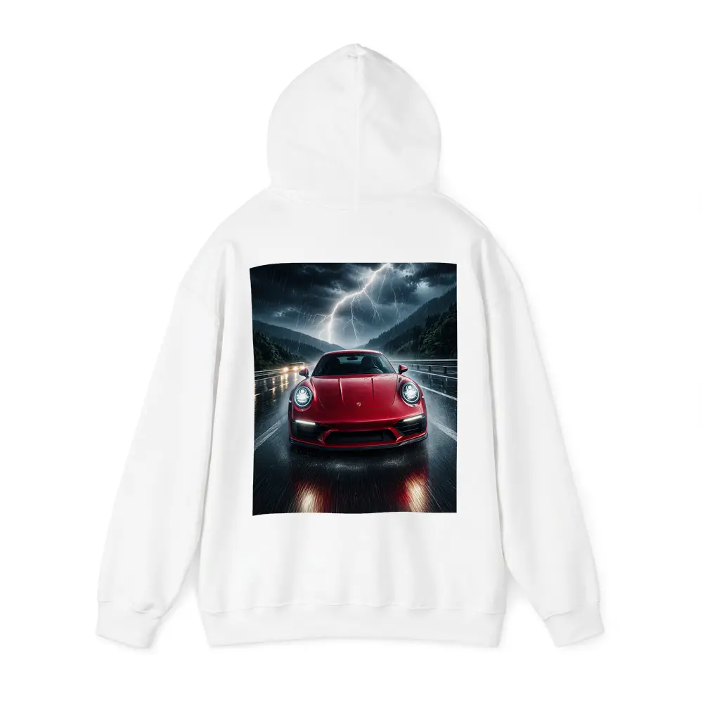 Red Porsche 911 Racing Through Lightning Storm – Hoodies