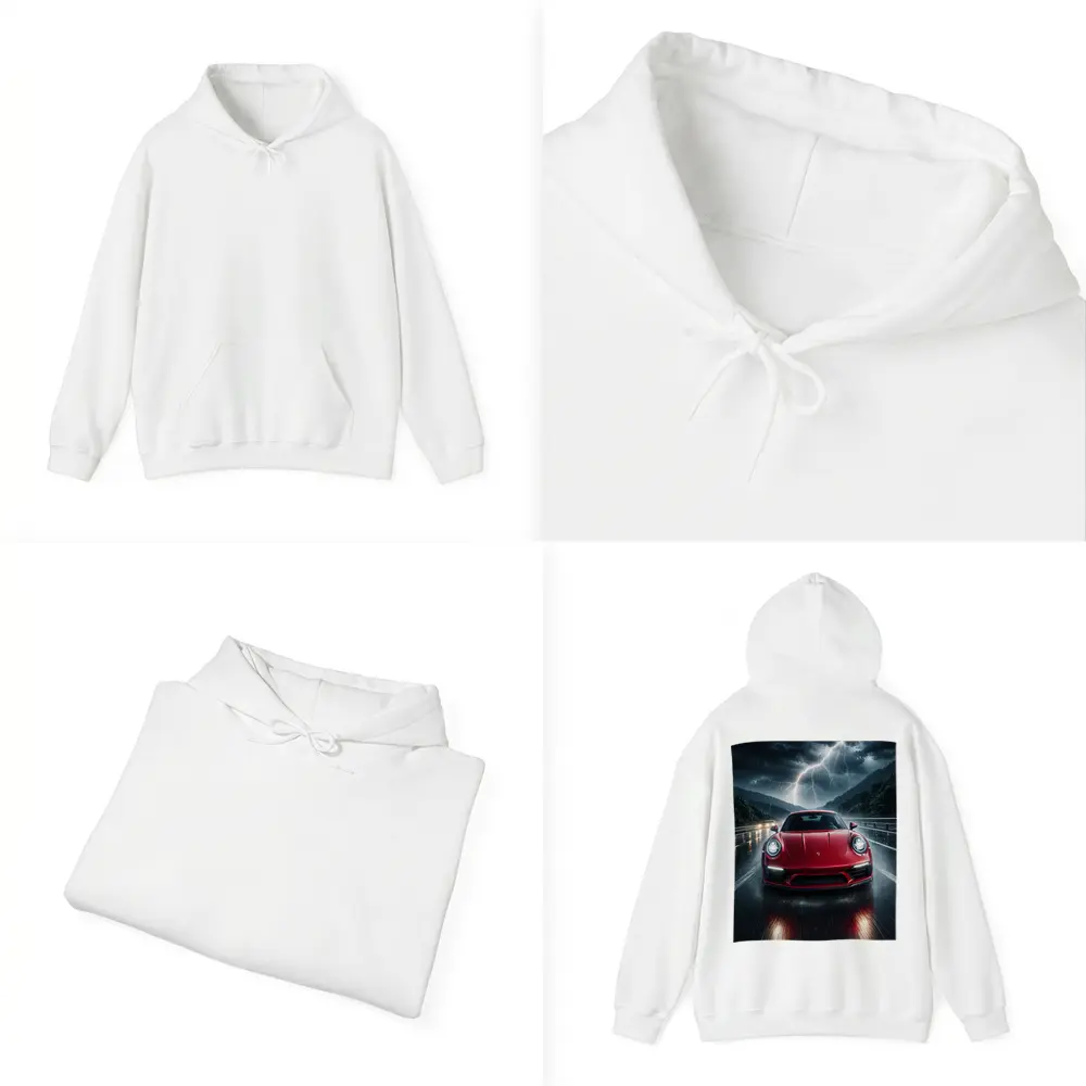 Red Porsche 911 Racing Through Lightning Storm – Hoodies