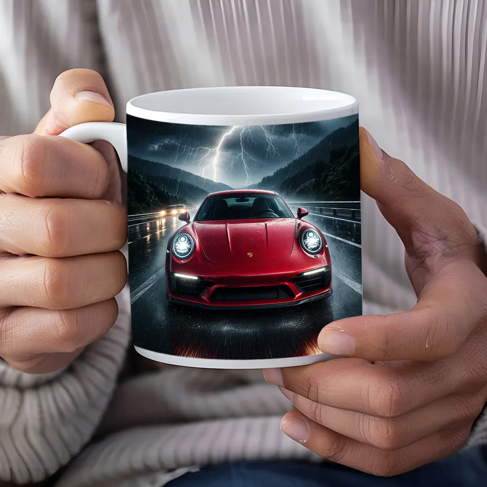 Red Porsche 911 Racing Through Lightning Storm – Mugs