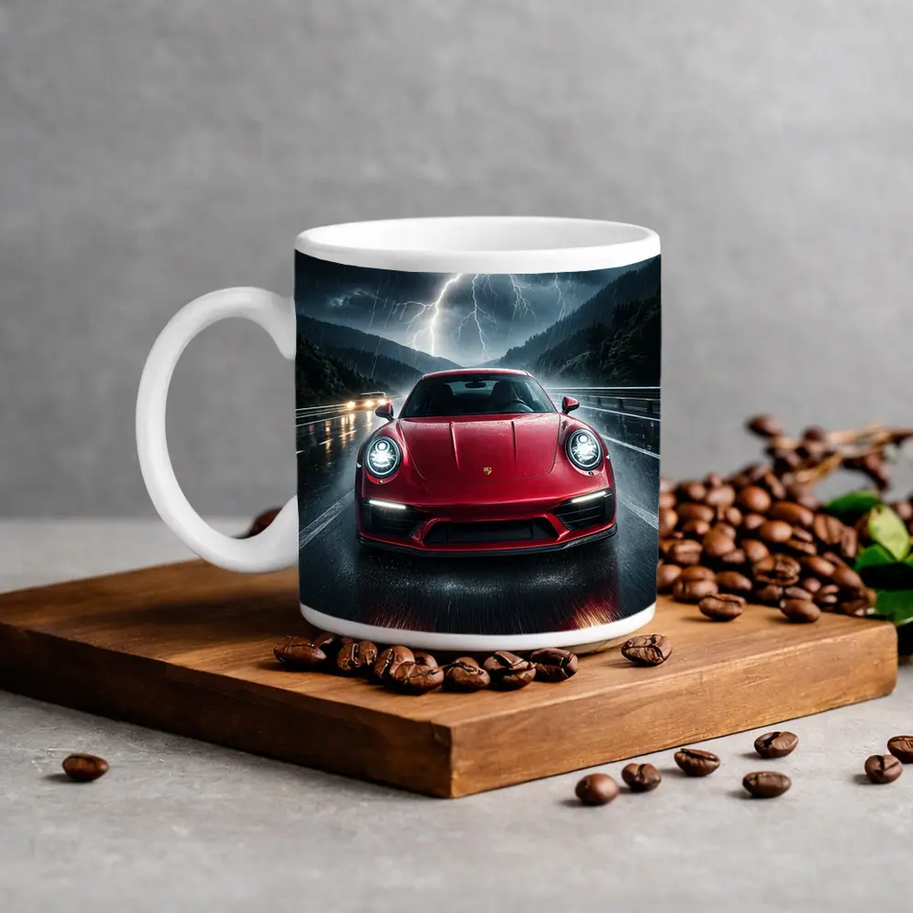 Red Porsche 911 Racing Through Lightning Storm – Mugs