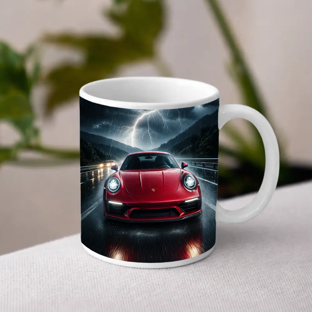 Red Porsche 911 Racing Through Lightning Storm – Mugs