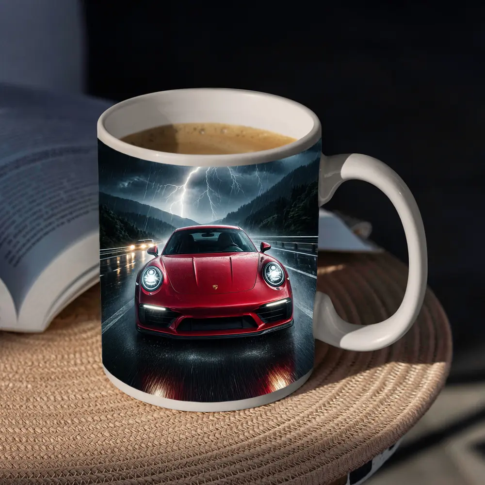 Red Porsche 911 Racing Through Lightning Storm – Mugs