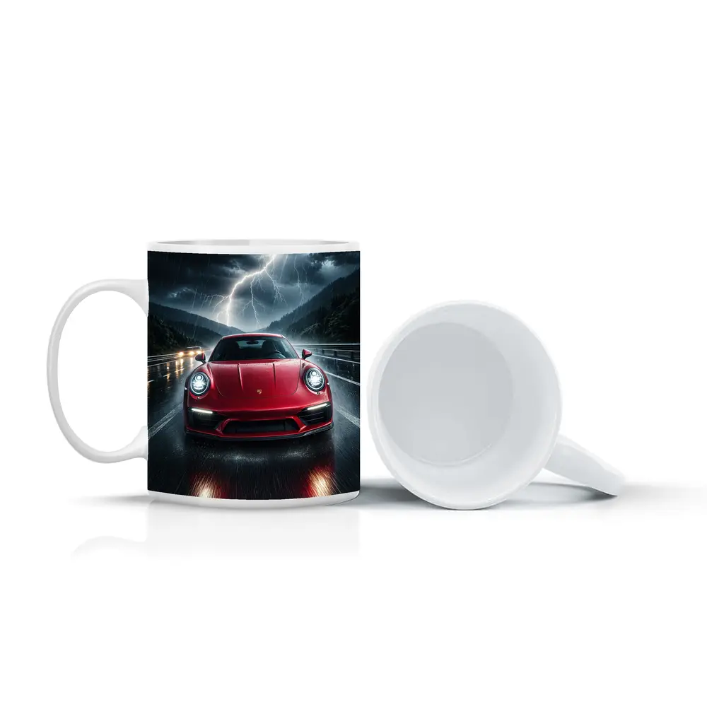 Red Porsche 911 Racing Through Lightning Storm – Mugs