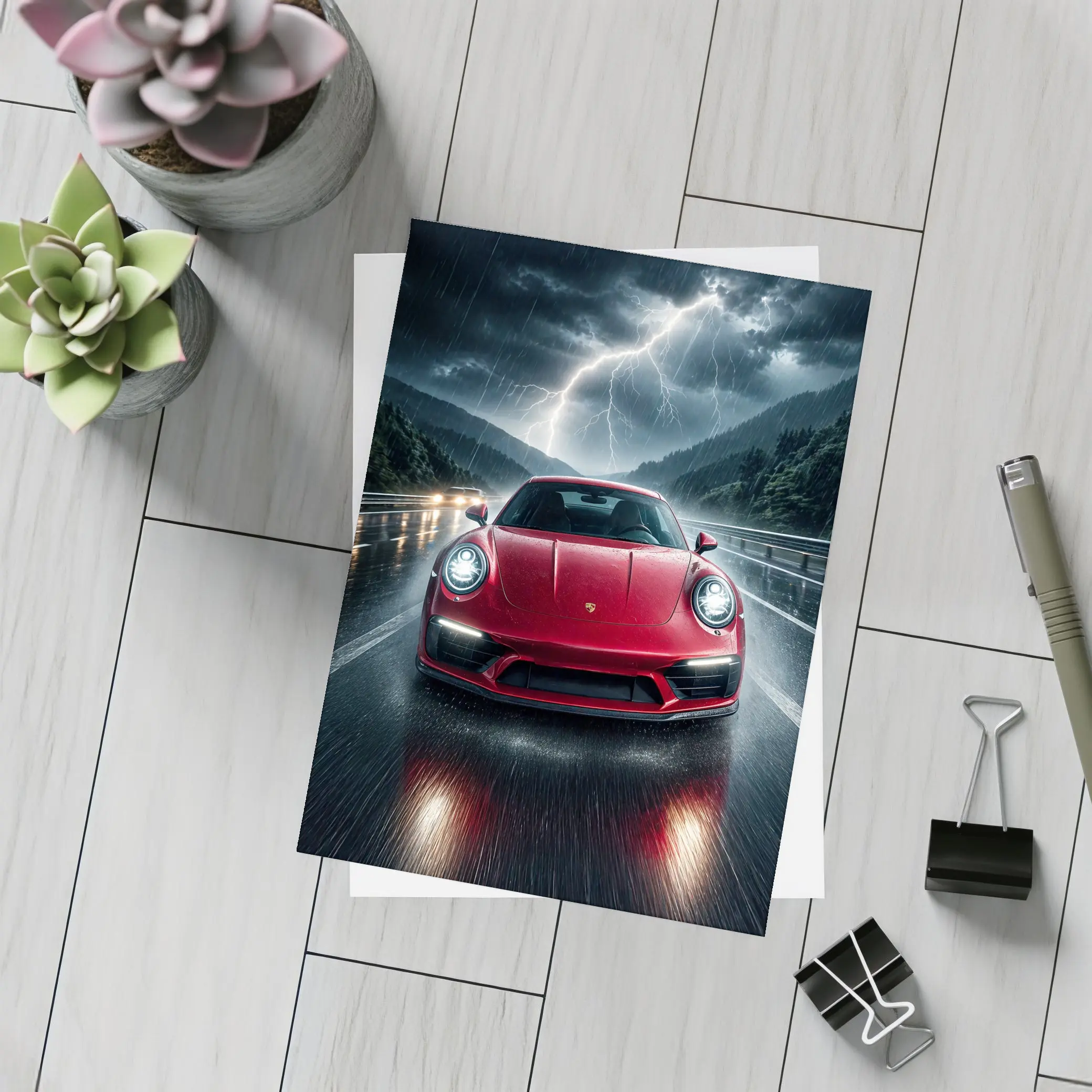 Red Porsche 911 Racing Through Lightning Storm – Postcards
