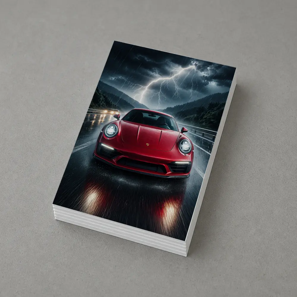 Red Porsche 911 Racing Through Lightning Storm – Postcards