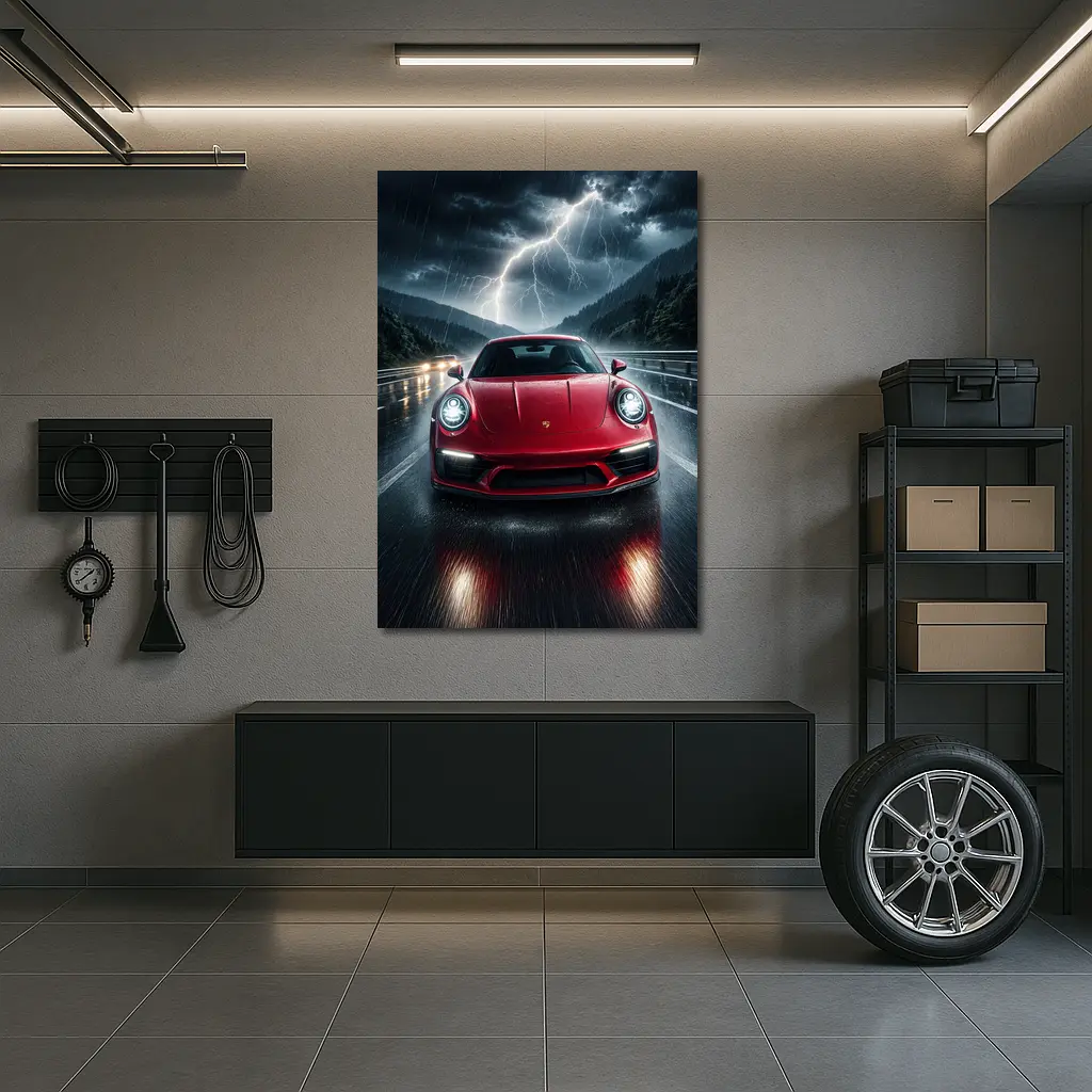 Red Porsche 911 Racing Through Lightning Storm – Wall Art
