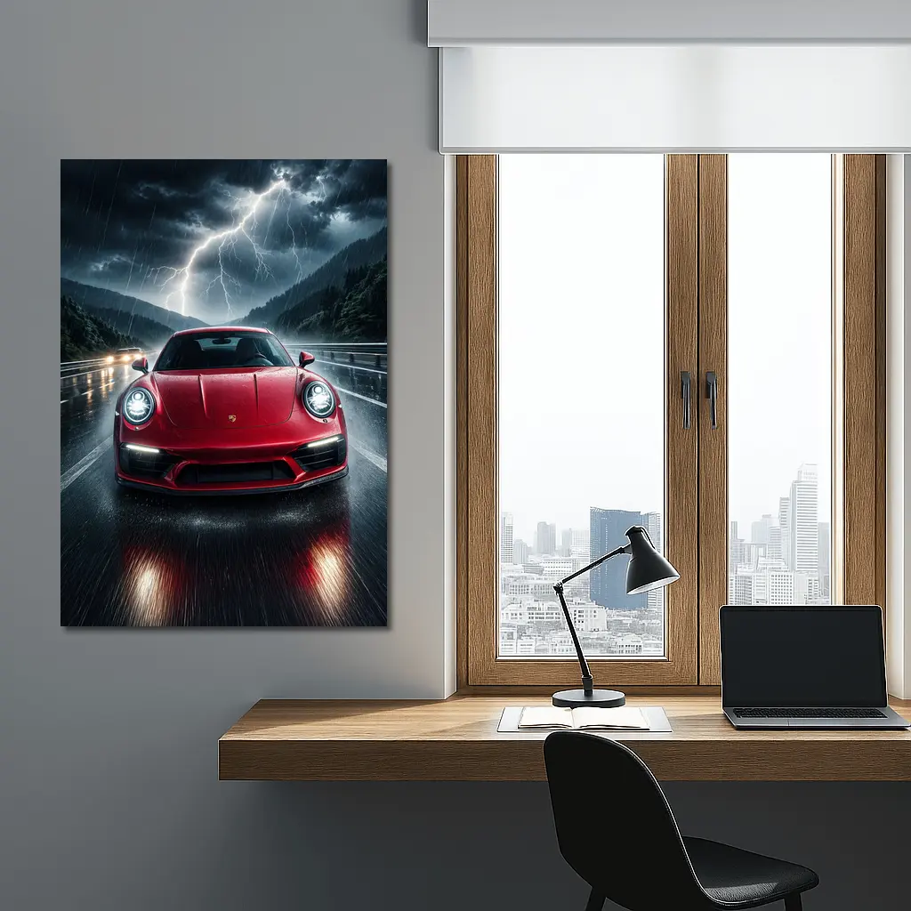 Red Porsche 911 Racing Through Lightning Storm – Wall Art