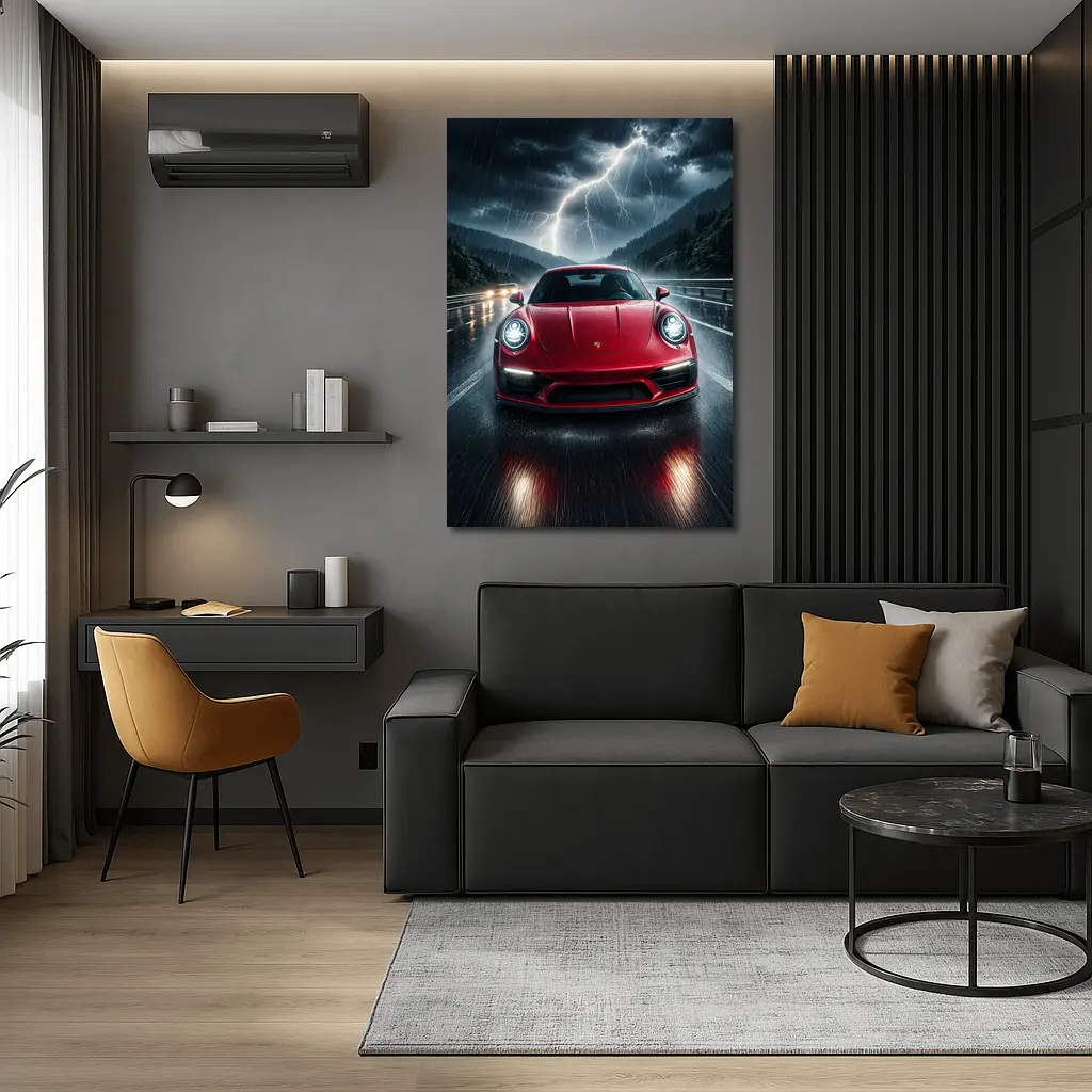 Red Porsche 911 Racing Through Lightning Storm – Wall Art
