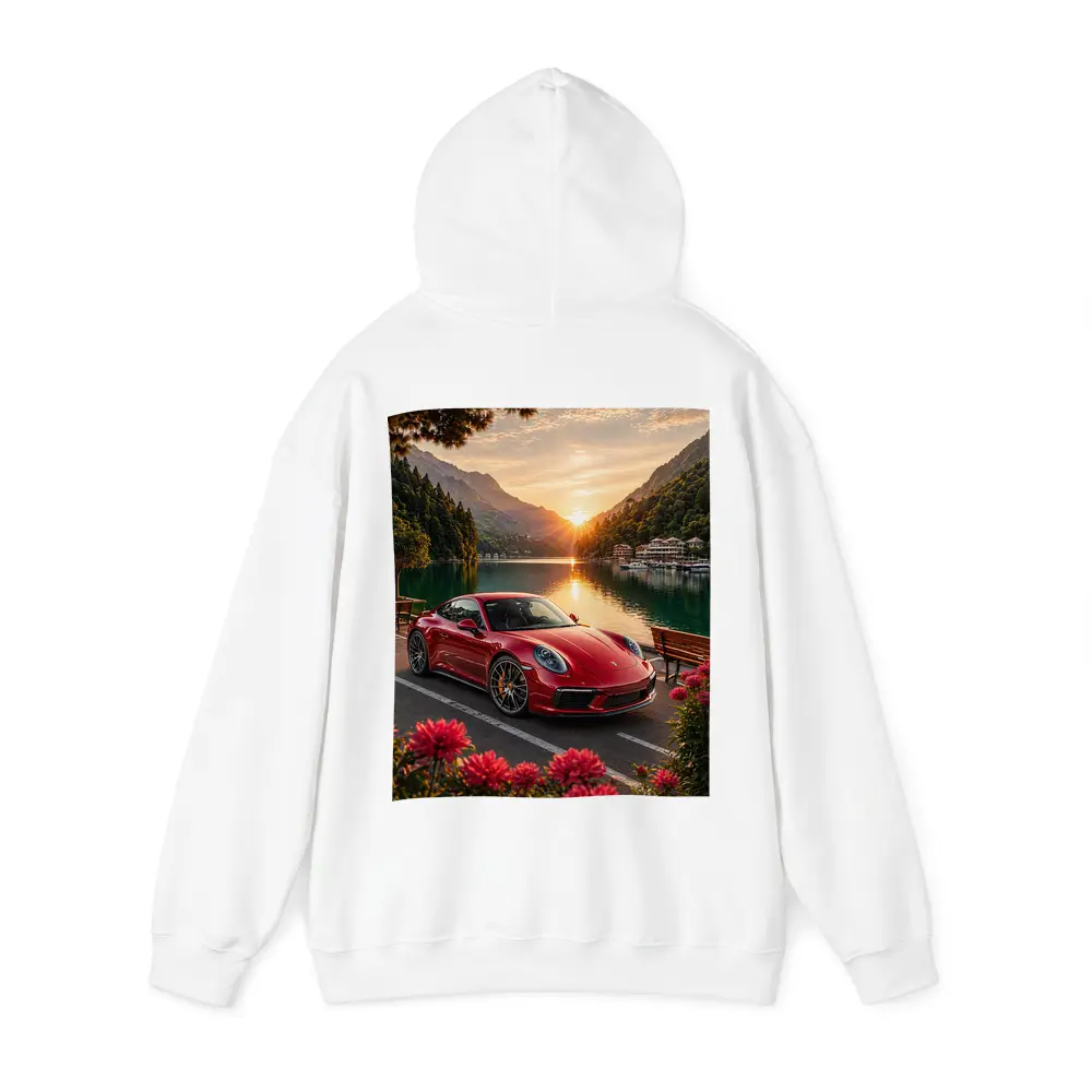 Red Porsche 911 Parked By Mountain Lake – Hoodies