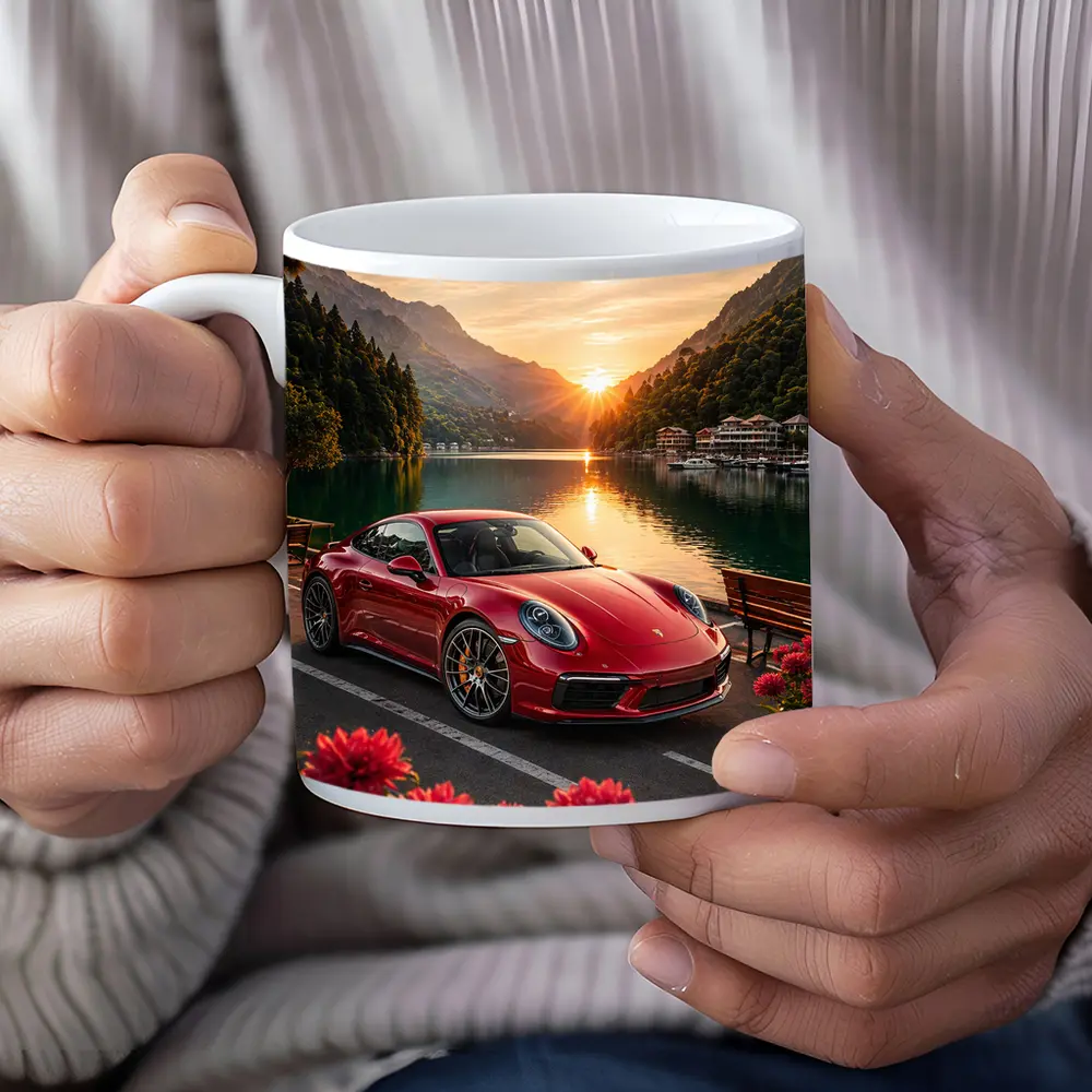 Red Porsche 911 Parked By Mountain Lake – Mugs