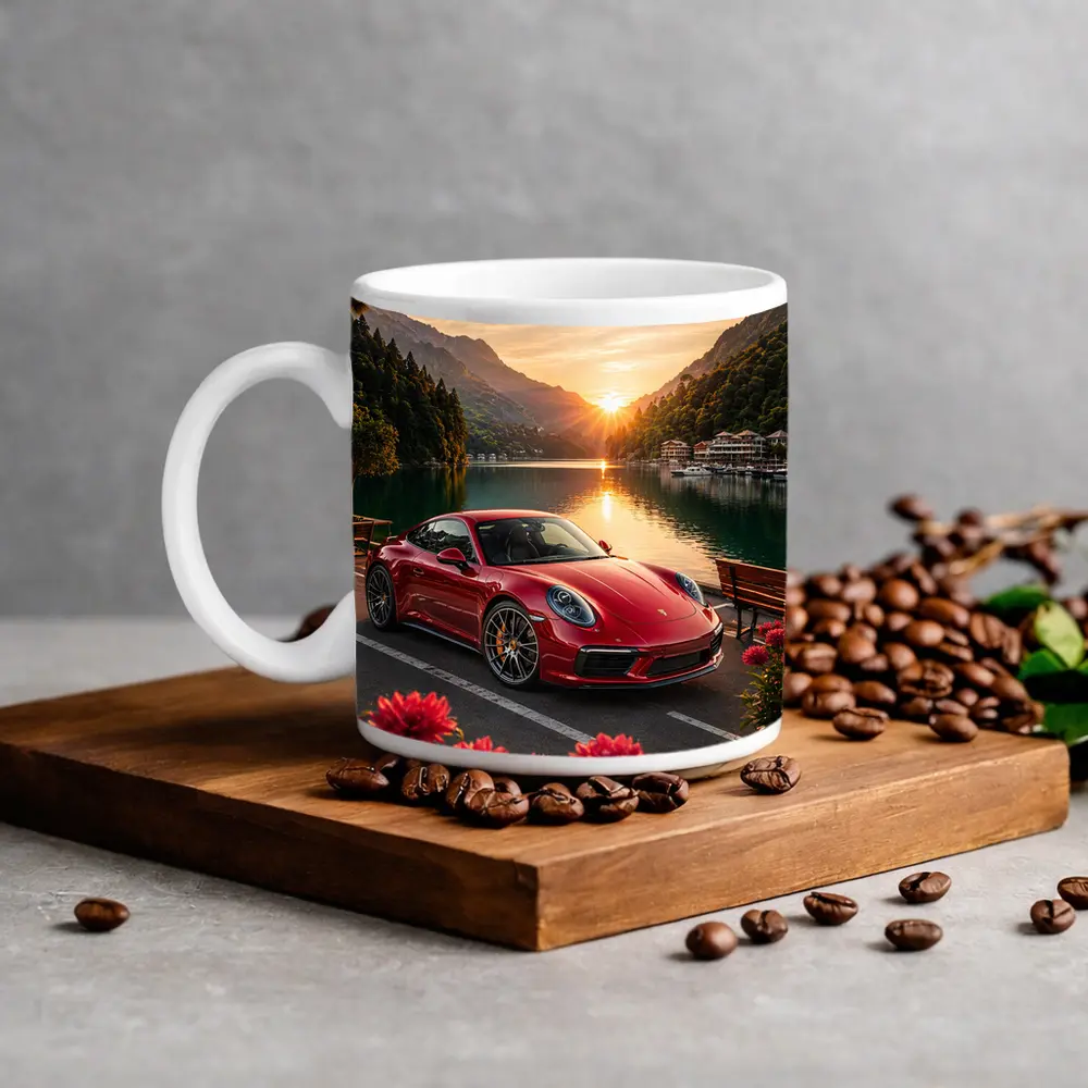 Red Porsche 911 Parked By Mountain Lake – Mugs